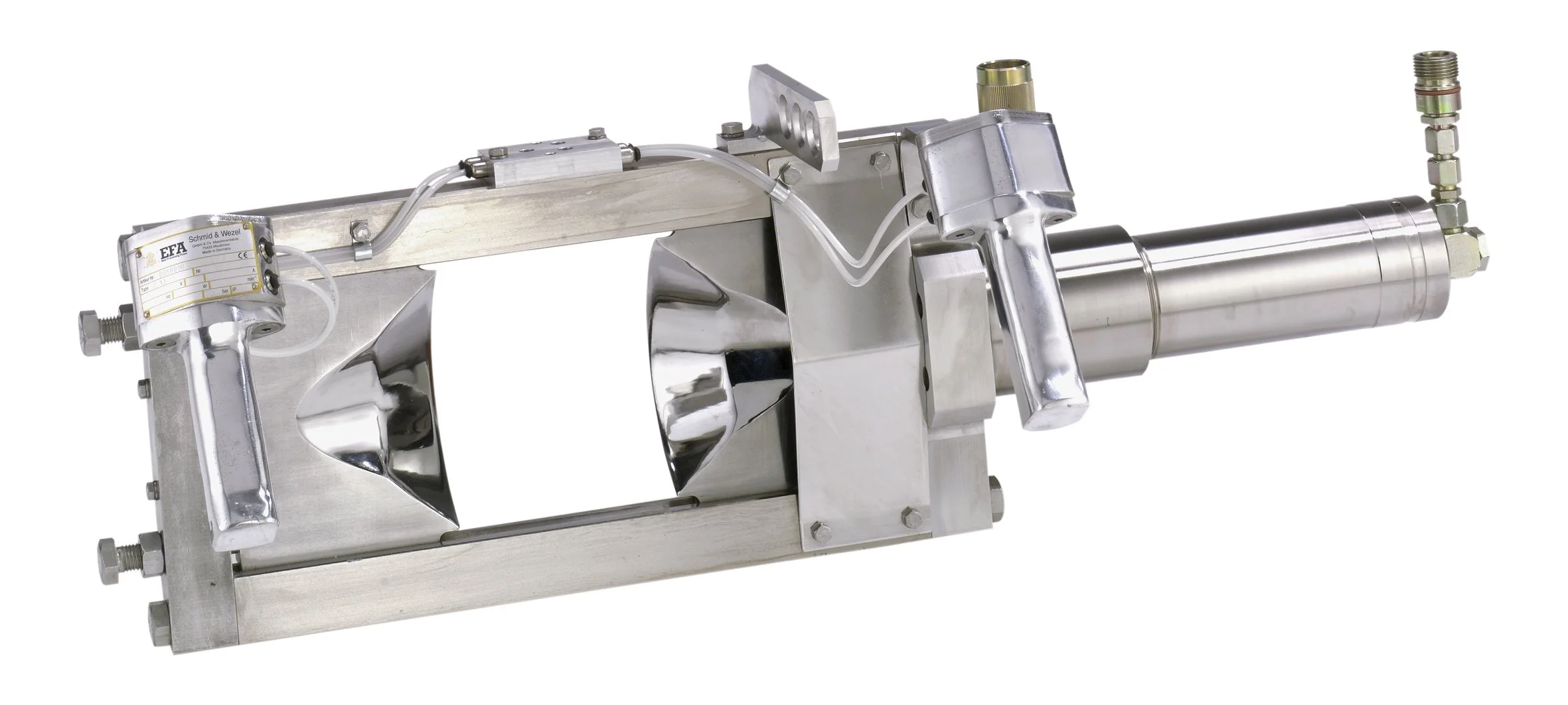 A metallic industrial machine component with a long cylindrical part, attached to a rectangular frame, with various fittings and wires.