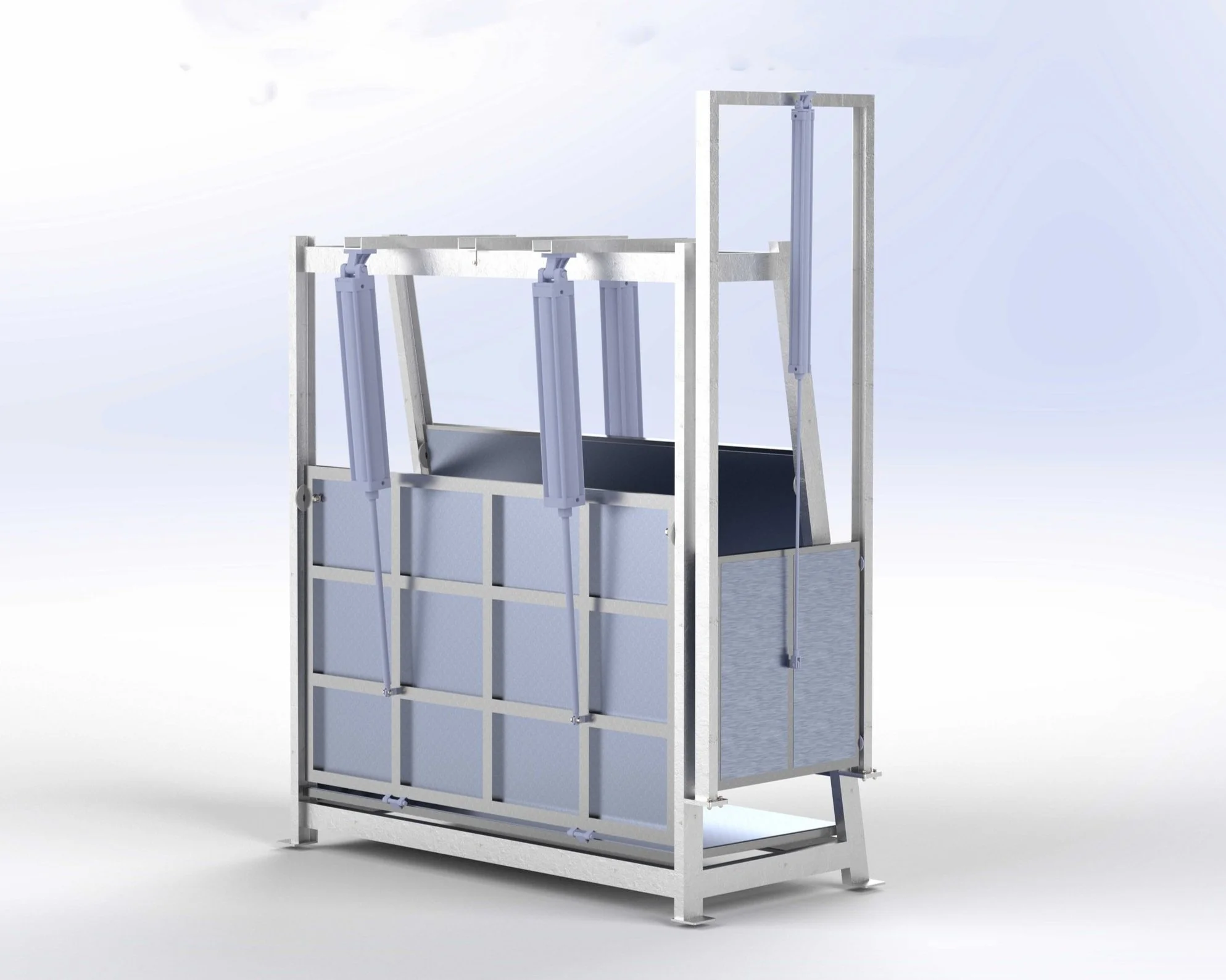 A metal framework with hydraulic lift cylinders, possibly a scissor lift or hydraulic platform, on a white background.