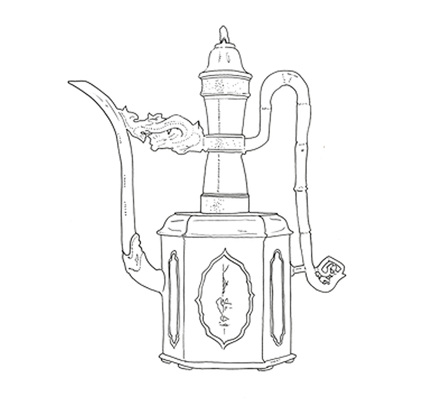 Black and white sketch of an antique oil lantern surrounded by a starry background.