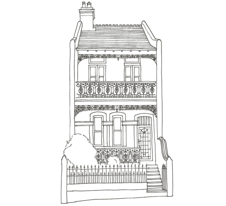 Line drawing of a multi-story Victorian-style house with ornate ironwork balconies, wooden stairs, and detailed windows.