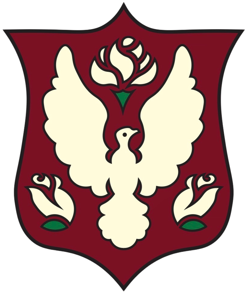 A crest with a white stylized bird, possibly a phoenix, on a red background with green accents.