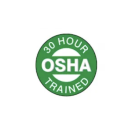 OSHA 30-hour training certification badge with green circle and white text.
