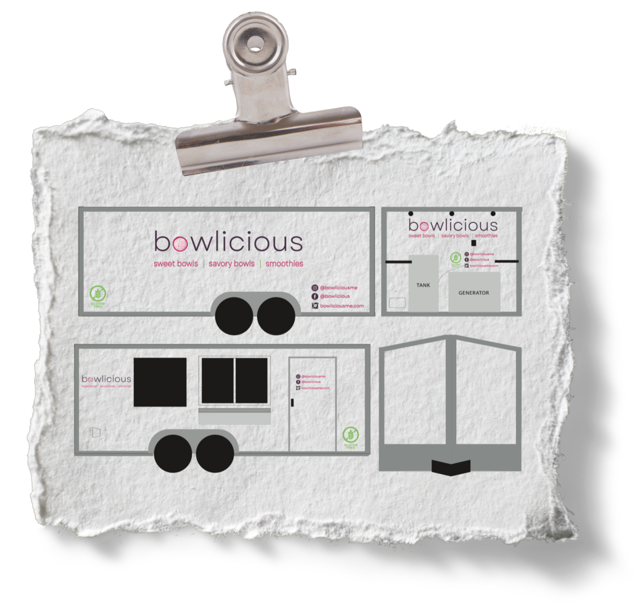 Blueprint of a food truck for Bowlicious, a business selling sweet bowls, savory bowls, and smoothies. The blueprint includes various views of the truck, showing branding, storage tanks, generator, and serving window.