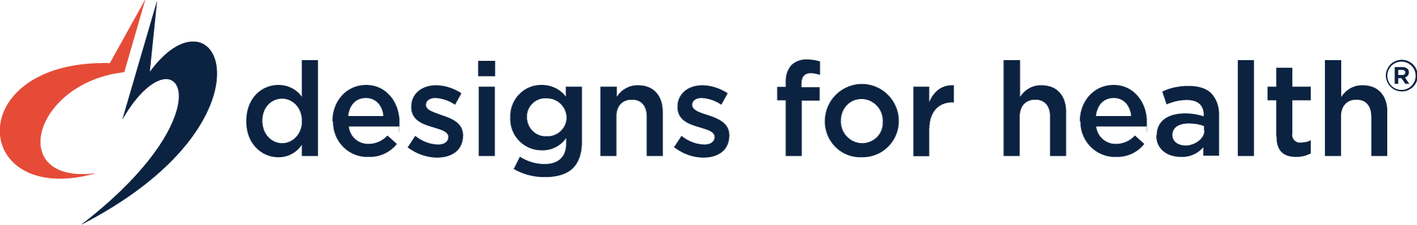 Logo for Designs for Health with a red and blue abstract symbol and navy blue text