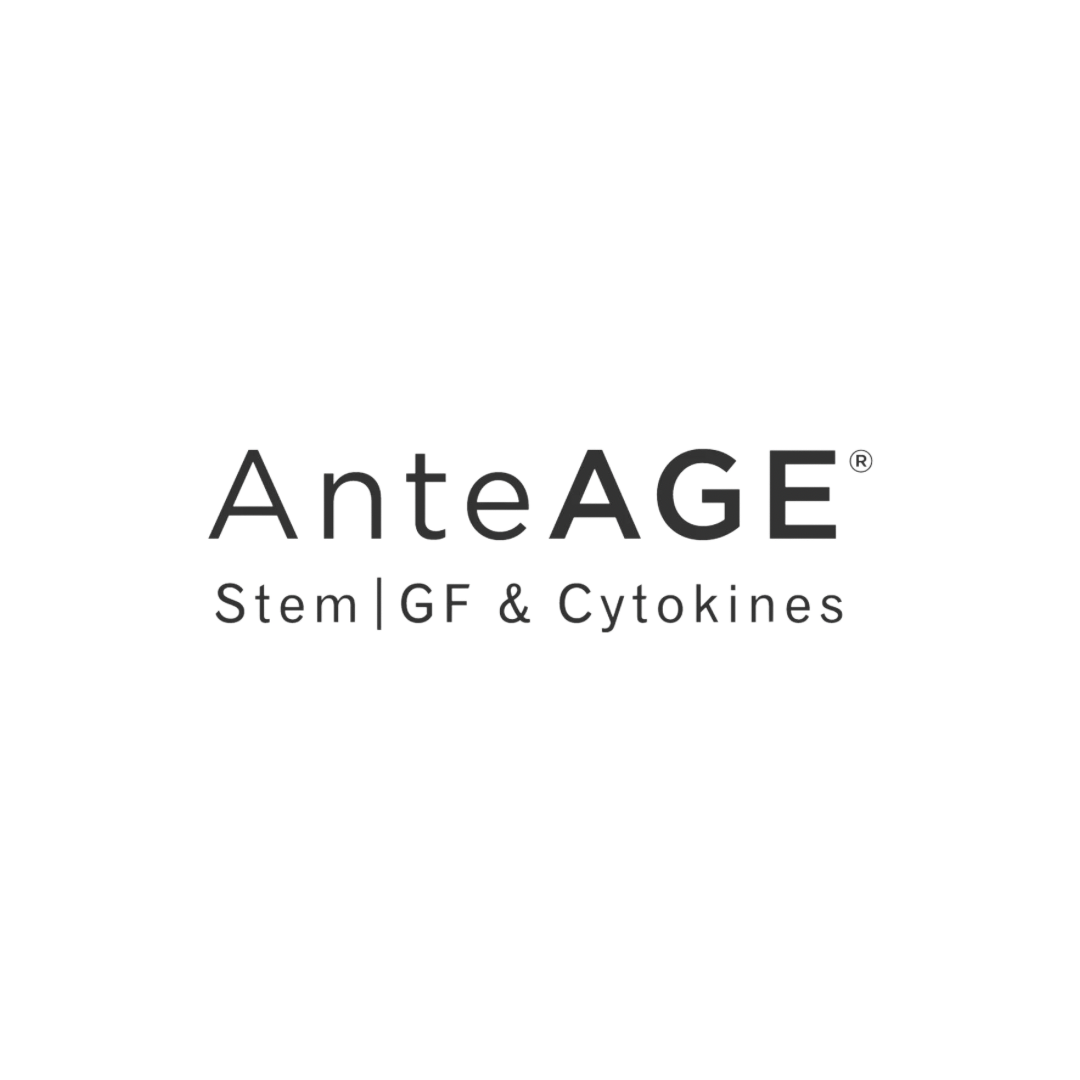 Black and gray logo for AnteAGE with the text "Stem | GF & Cytokines" underneath.