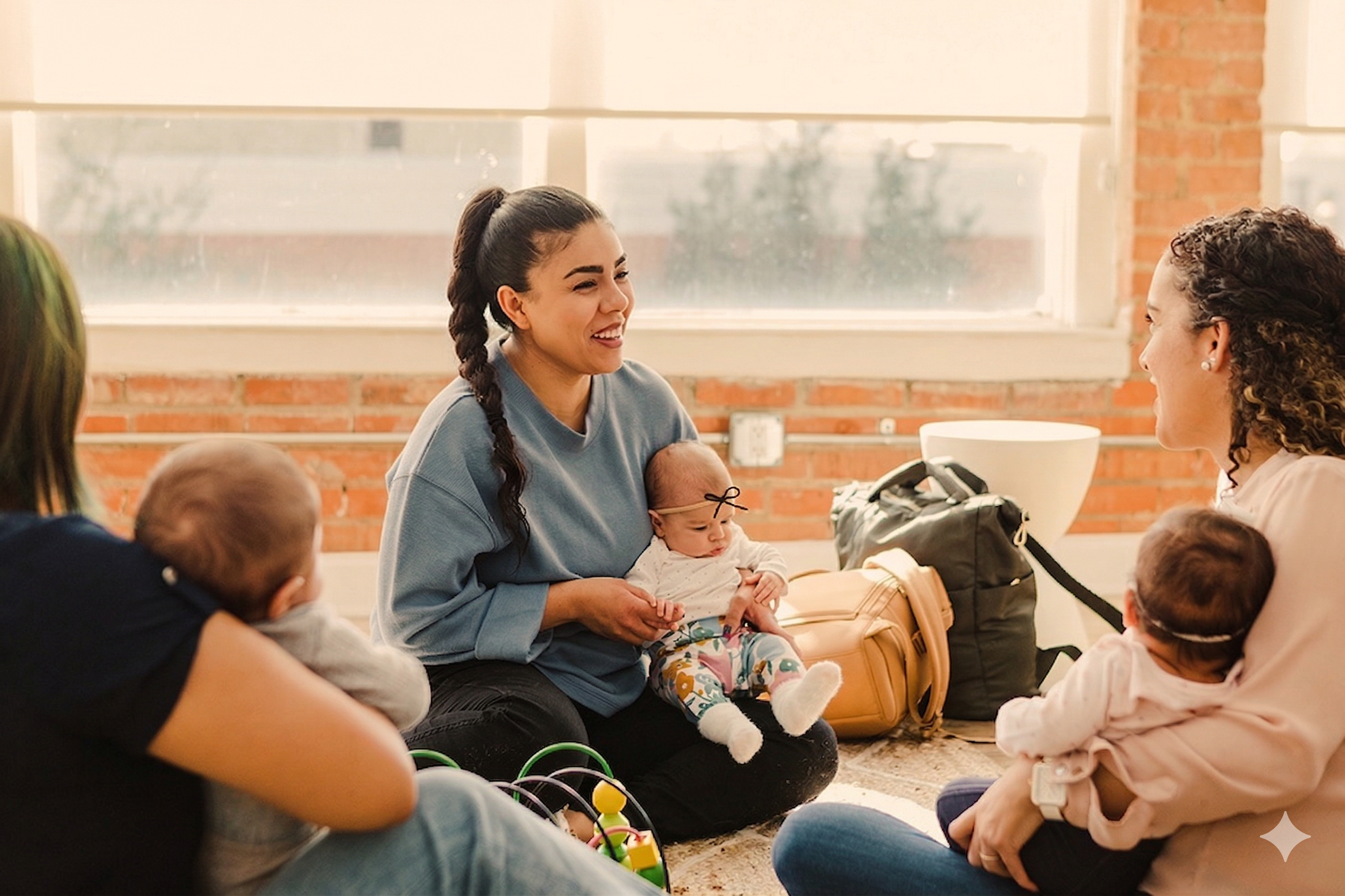 Group of mothers and babies gathered for Moonhaven Mom and Baby Circle — brain healthy parenting and Nurtured Neuroscience education in Ojai Ventura County California