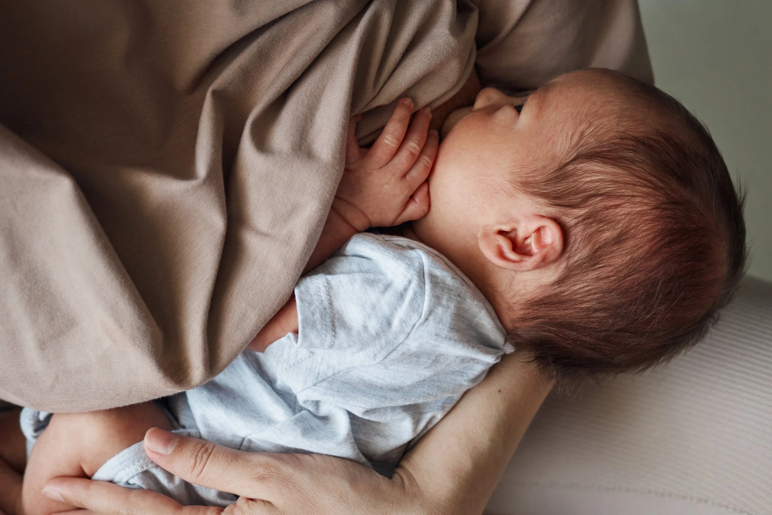 Mother breastfeeding newborn during an in-home lactation consultation in Ojai, California