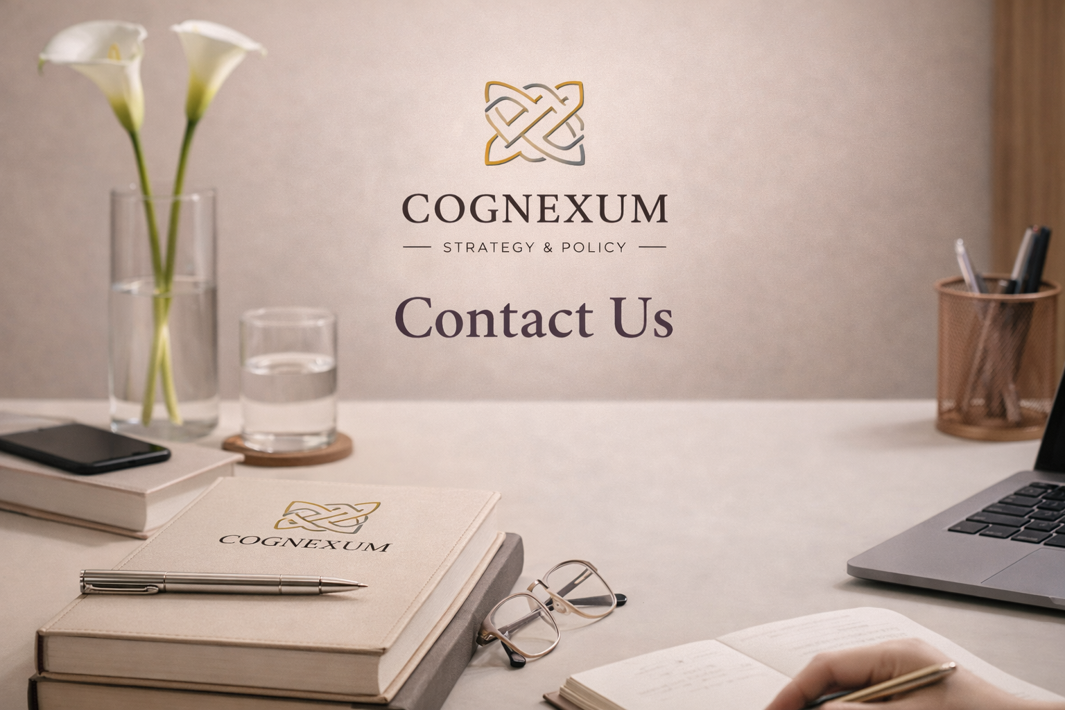A workspace with a notebook, pen, glasses, smartphone, and a laptop, with a vase of calla lilies and a glass of water in the background, and a sign that reads 'Cognexum Strategy & Policy Contact Us'.