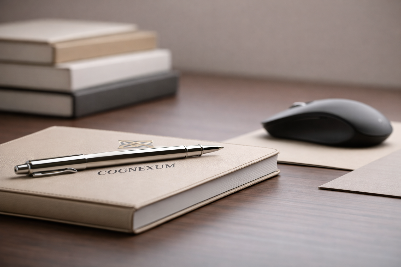 Desk with a beige notebook labeled 'COGNEXUM' and a silver pen on top, a mouse on a mouse pad, and a stack of four books in different colors in the background.