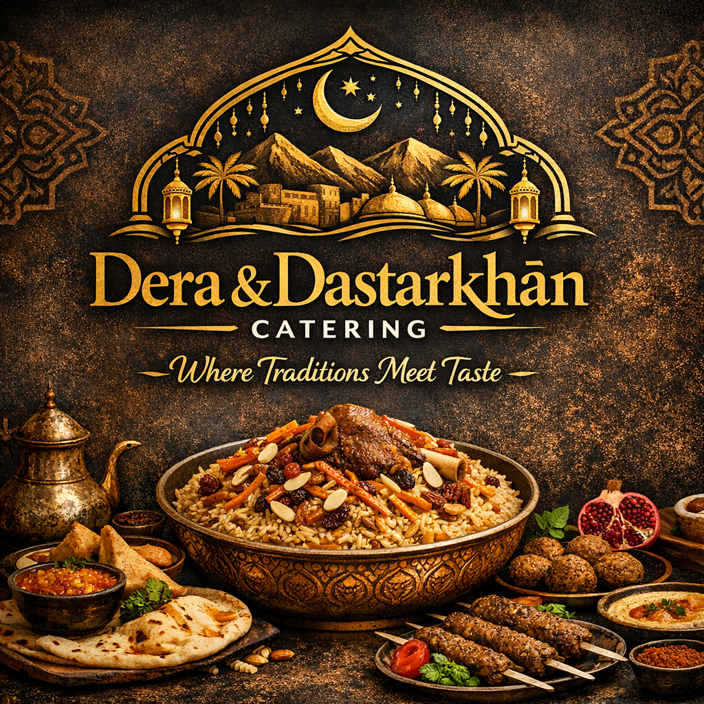 A variety of Middle Eastern dishes, including rice with vegetables and meat, flatbread, falafel, and various dips, with a decorative background featuring mountains and Islamic motifs.