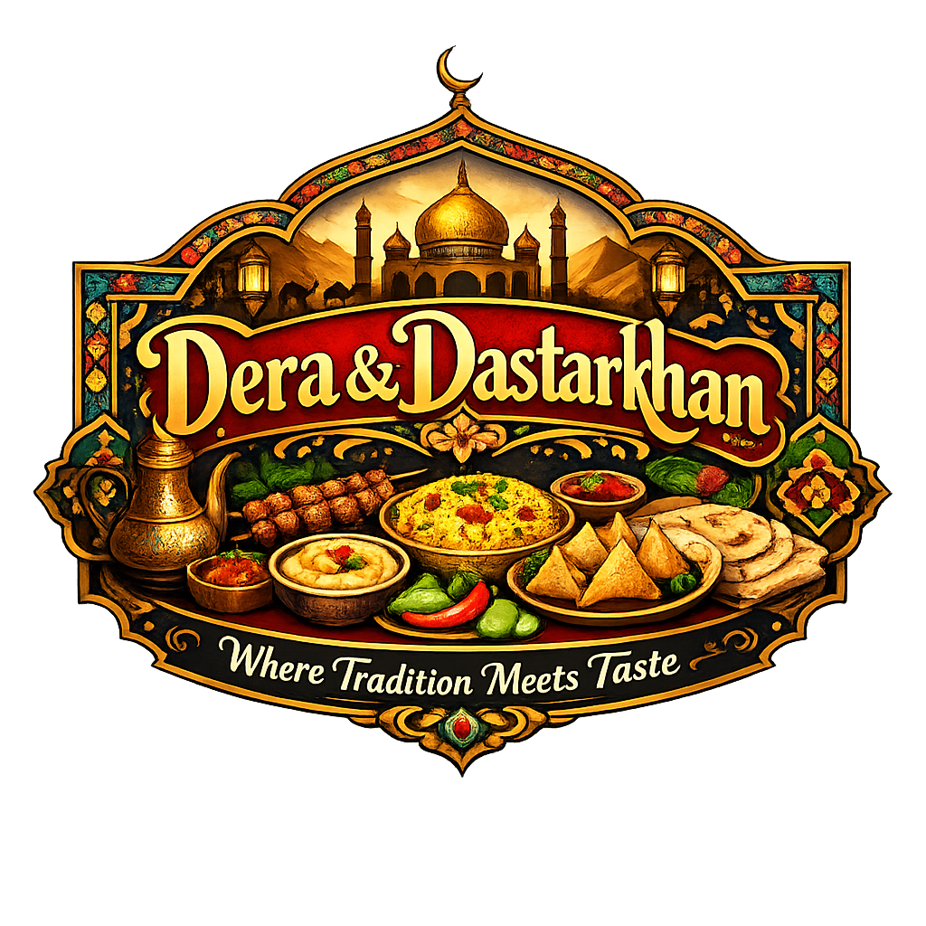 Colorful sign for Dera & Dastarkhan restaurant with images of traditional Indian dishes, a dome of the Taj Mahal, and the slogan 'Where Tradition Meets Taste'.