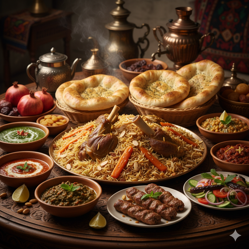 An Indian feast with naan bread, lamb biryani, various curries, salads, and sweets on a wooden table with brass teapots.