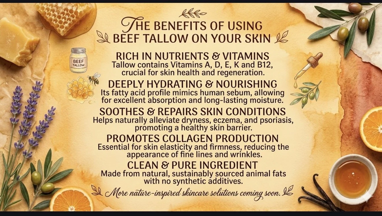A promotional poster highlighting the benefits of using beef tallow on your skin, featuring images of beef tallow, honeycomb, lavender, olives, honey, orange slices, and vanilla beans, with detailed text on its skin health benefits.