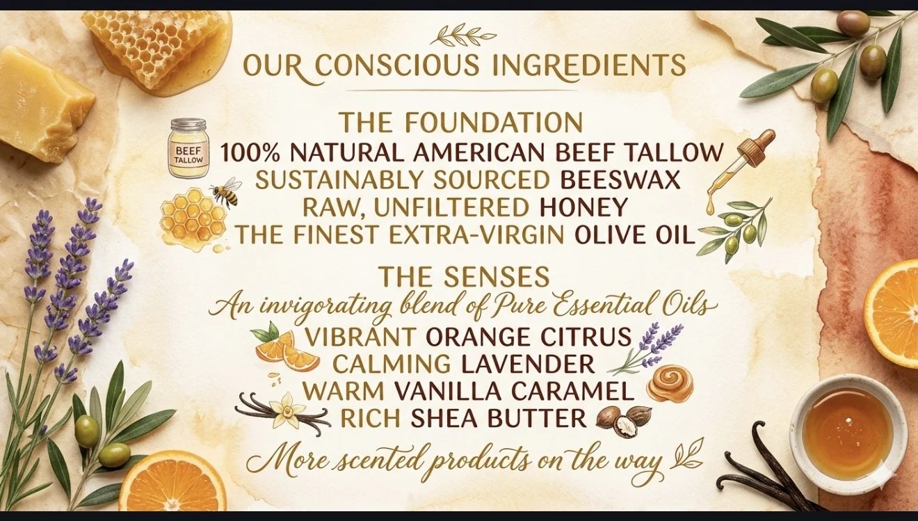 A list of ingredients and product descriptions for a natural and scented product with illustrations of honey, lavender, orange, vanilla, shea butter, and other natural elements.