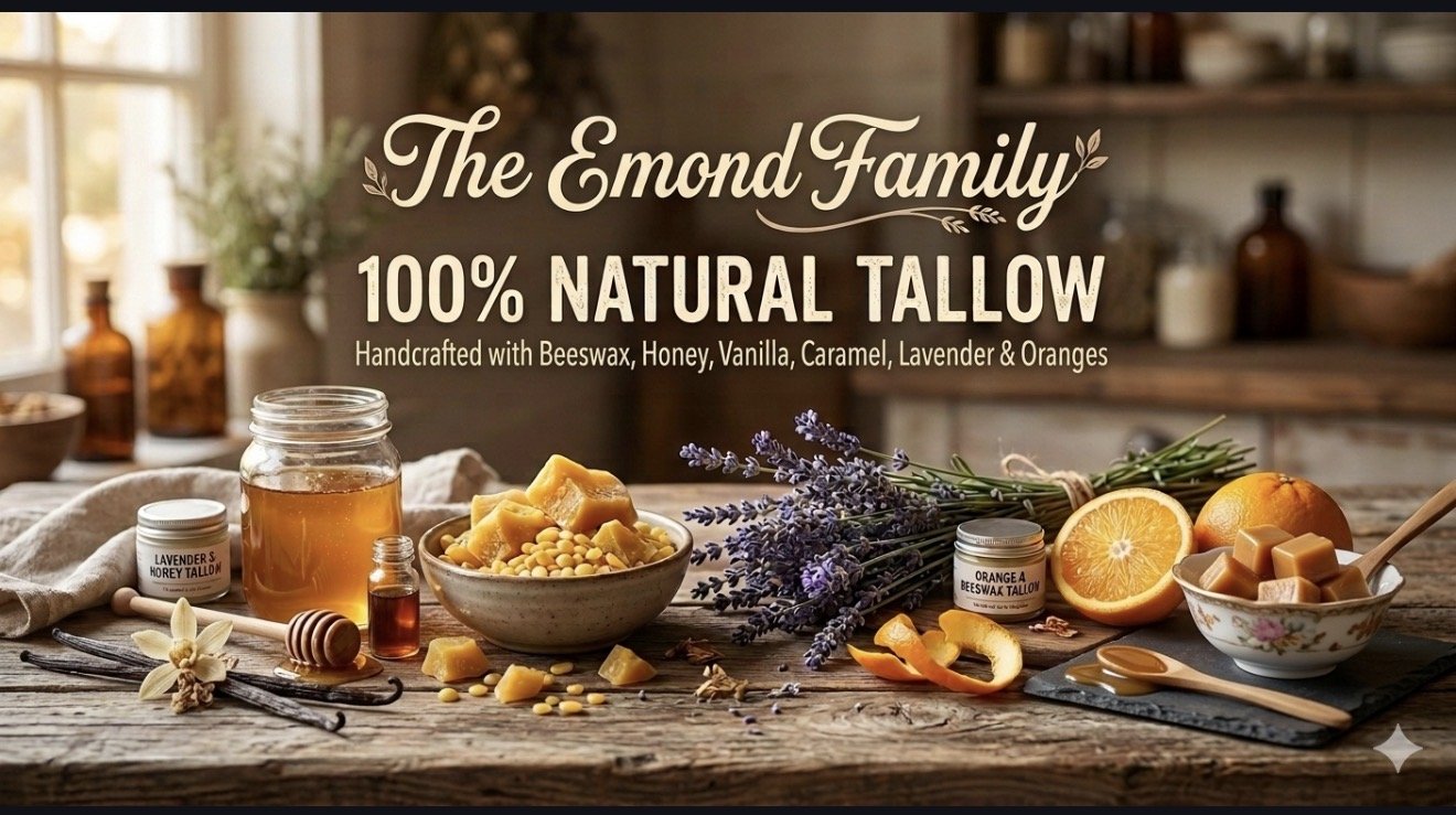 A rustic kitchen scene featuring jars of honey, beeswax, lavender, orange, and caramel, alongside a bowl of honey candies and a sprig of lavender, with the text promoting the Emond Family's 100% natural tallow product.