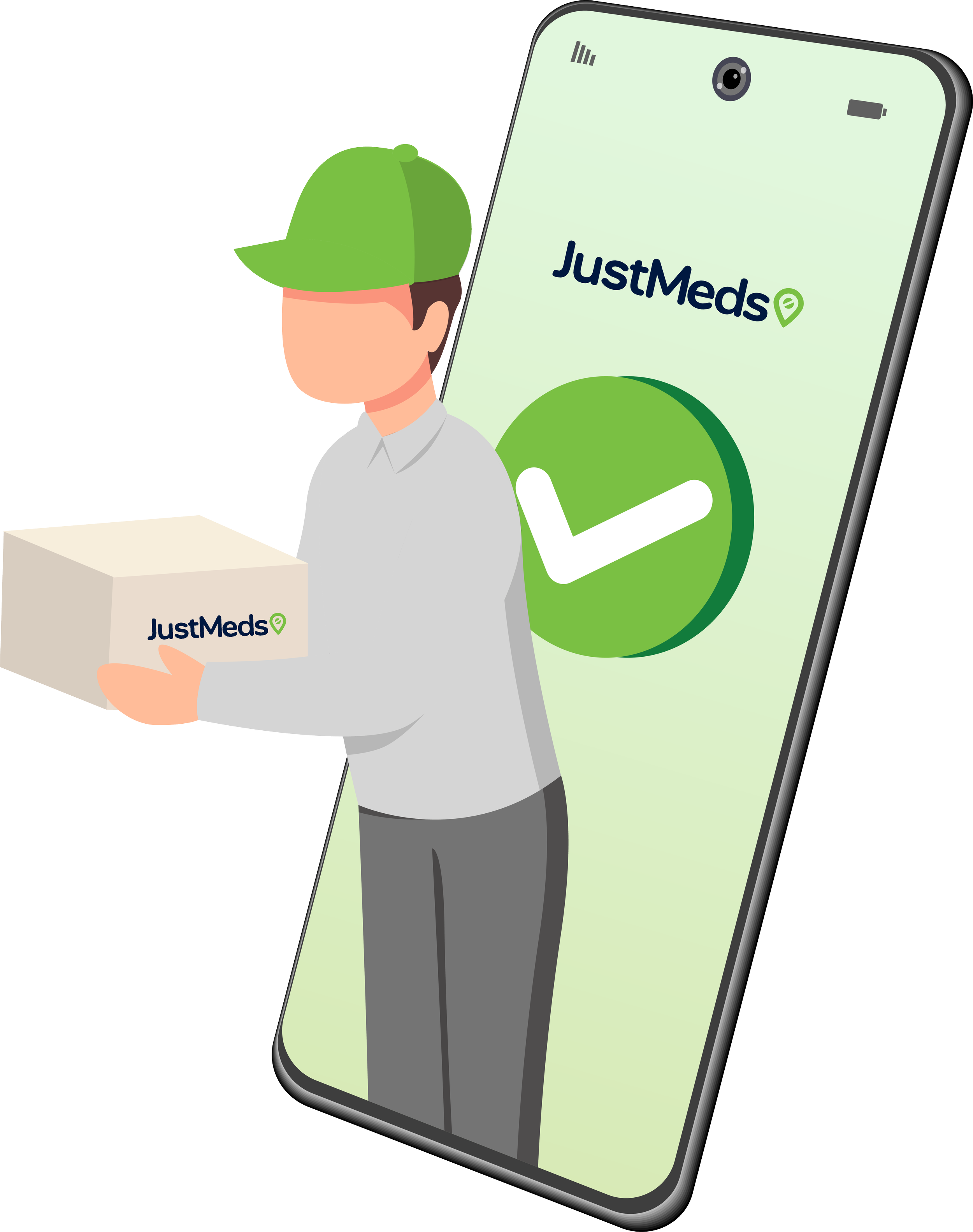 A delivery person with a green cap holding a box labeled JustMeds, next to a large smartphone screen displaying the JustMeds logo and a green check mark.