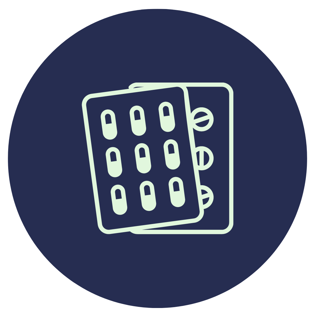 Outline illustration of a blister pack of capsules or pills with two packs overlapping on a dark circular background.