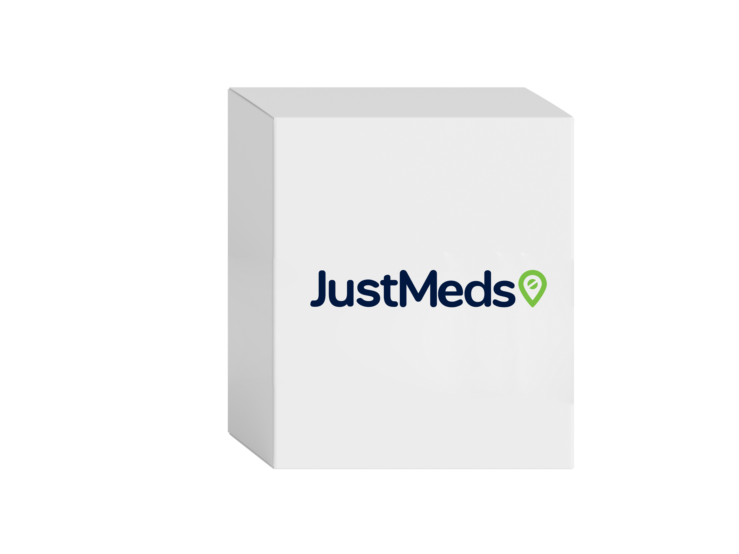White box with the JustMeds logo in navy blue and a green location pin icon.