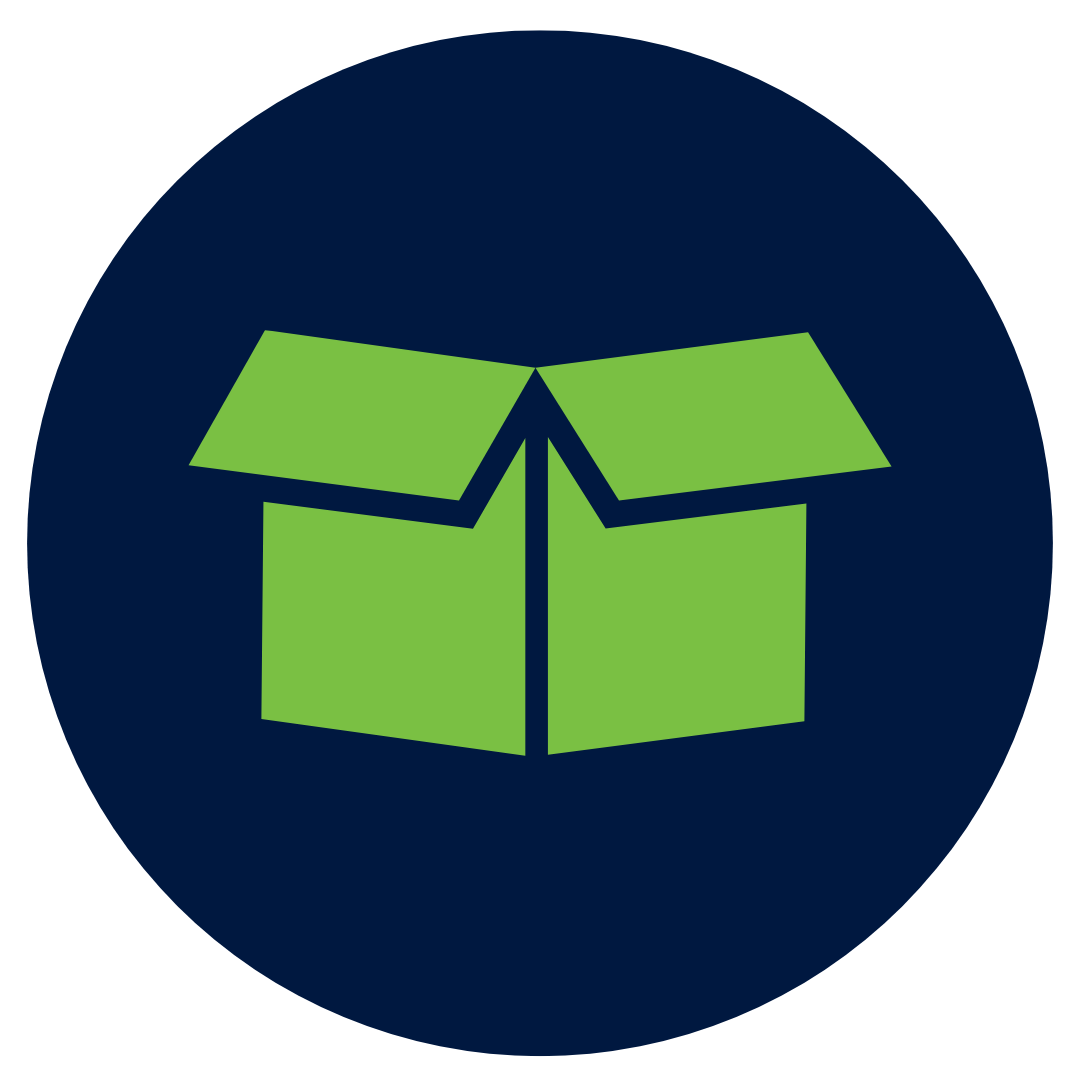 Green open box icon on dark blue circular background.