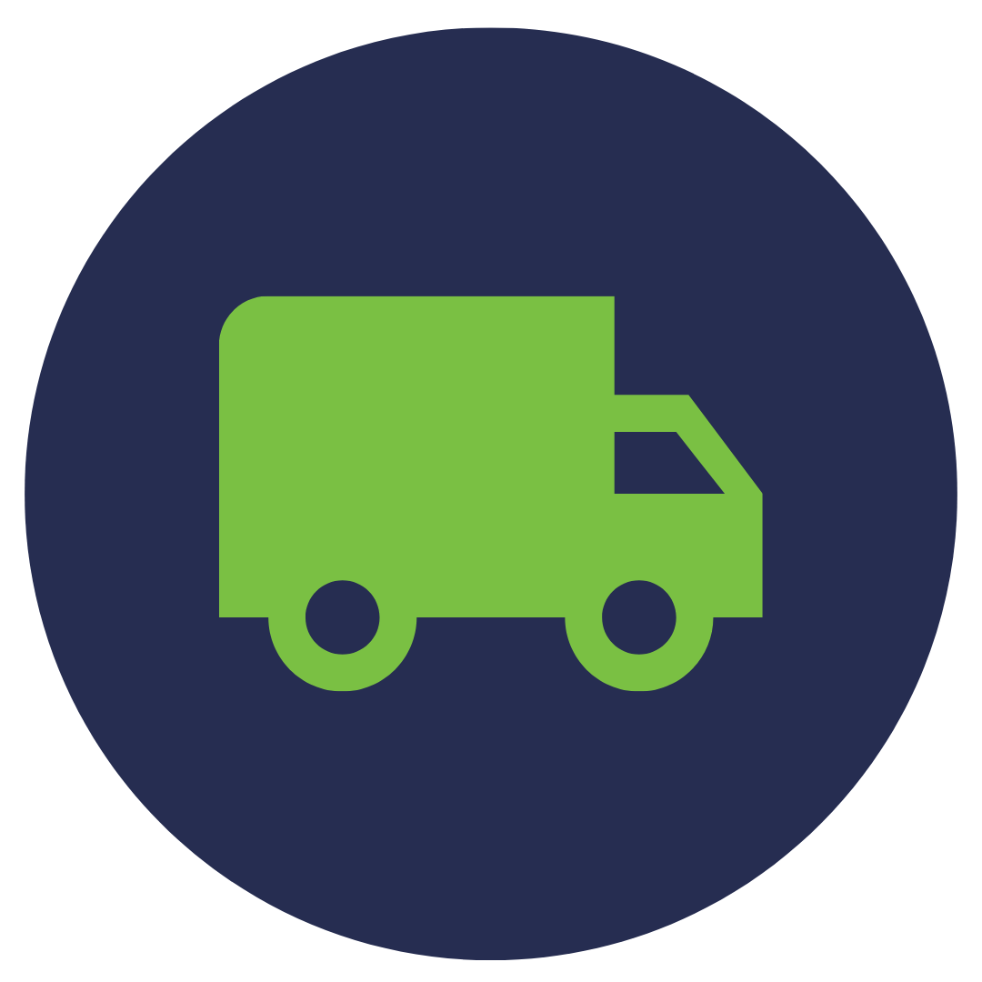 Icon of a green delivery truck on a dark blue circular background.