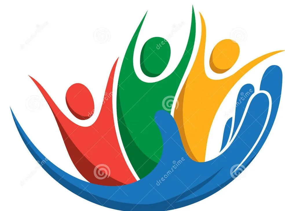 Colorful abstract figures representing people with their arms raised, in red, green, yellow, and blue, inside a stylized hand.