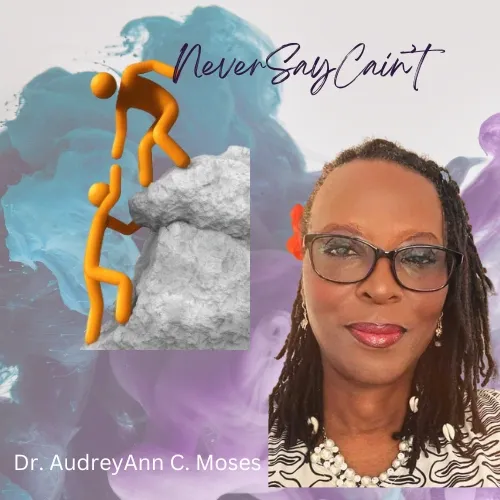 A graphic with two orange 3D figures climbing a rock formation, symbolizing perseverance, with the text 'Never Say Can't' written above. A woman wearing glasses and a pearl necklace is on the right side, smiling, with a colorful abstract background and the name Dr. AudreyAnn C. Moses