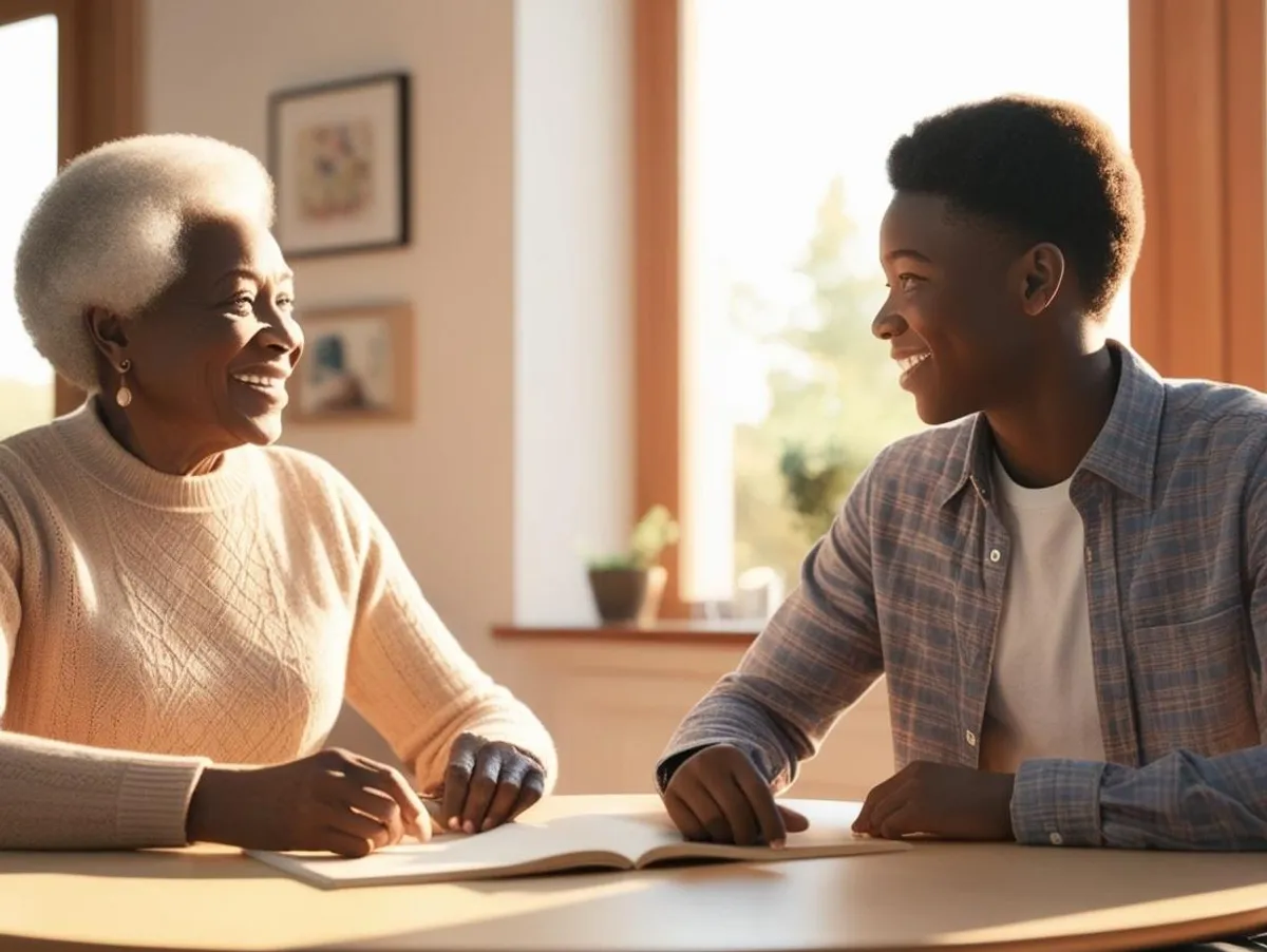 An elderly woman and a young man sitting at a table, smiling, having a conversation in a cozy room with sunlight coming through the window.
