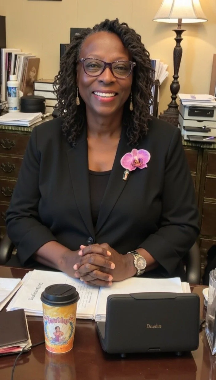 A woman with curly hair, glasses, and earrings, smiling and sitting at a desk with a pink orchid pin on her black blazer, in an office environment.
