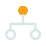 Icon of a flowchart with a yellow circle at the top connected to a rectangle and three circles at the bottom.