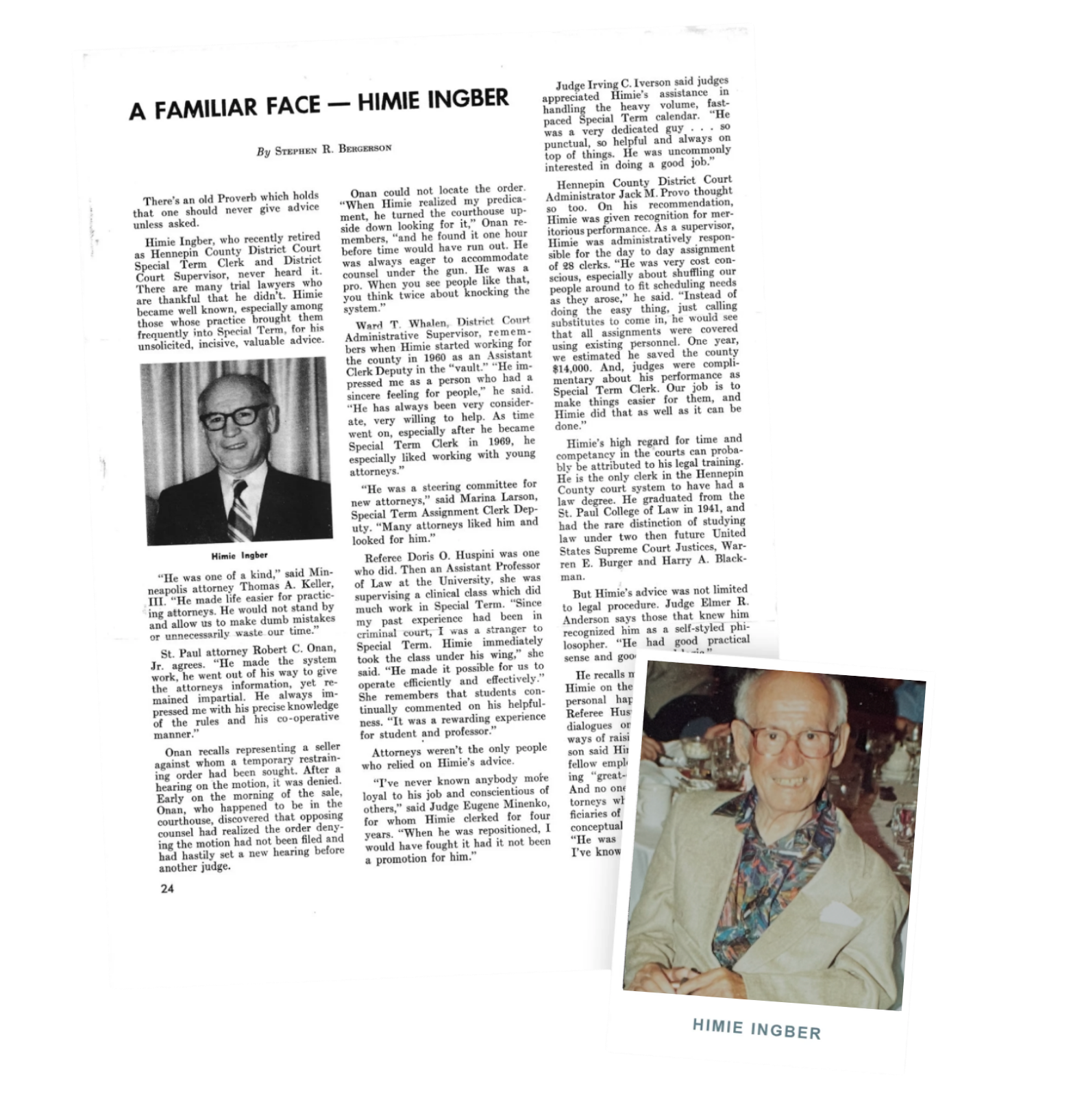 A newspaper article about Himie Ingber, featuring a black-and-white photo of him wearing glasses and a suit, and a color photo of him smiling at a social event.