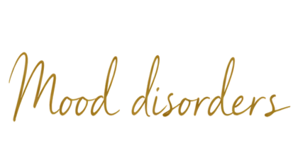 Text that reads 'Mood disorders' in cursive gold font on a black background.