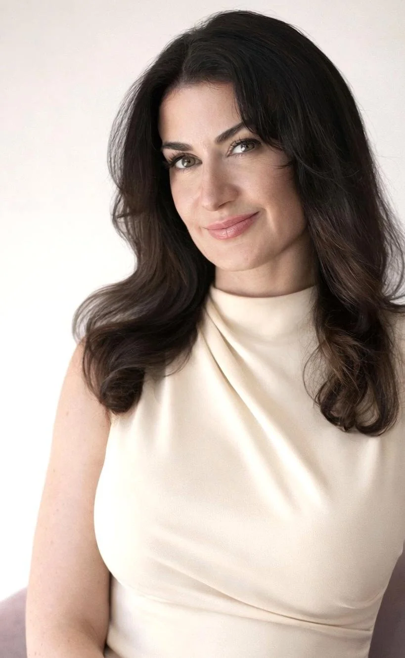 A woman with long, wavy dark hair and light skin, wearing a sleeveless cream-colored top, smiling softly against a plain light background.