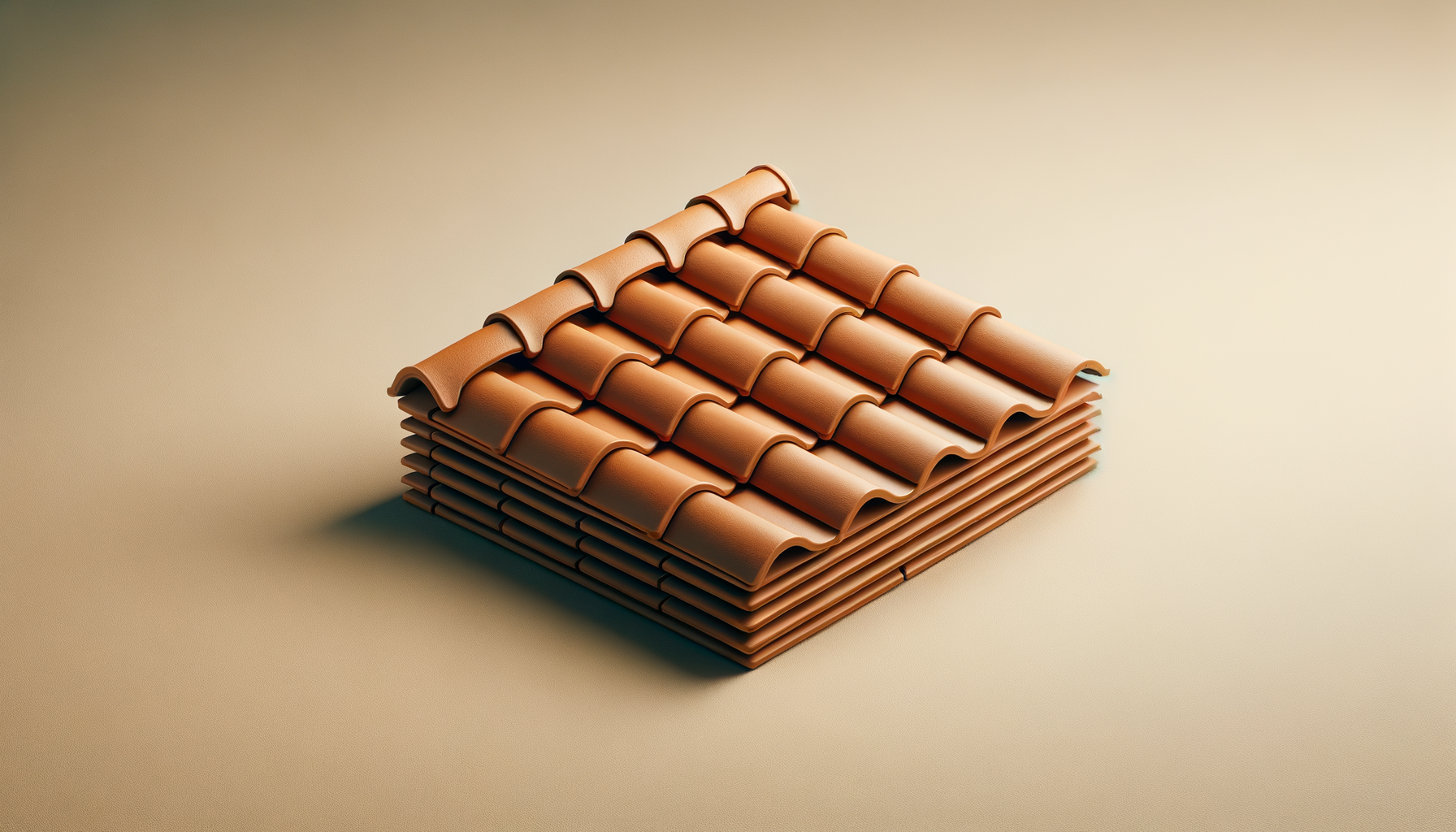 Stack of roof tiles arranged in a pyramid shape on a beige surface.
