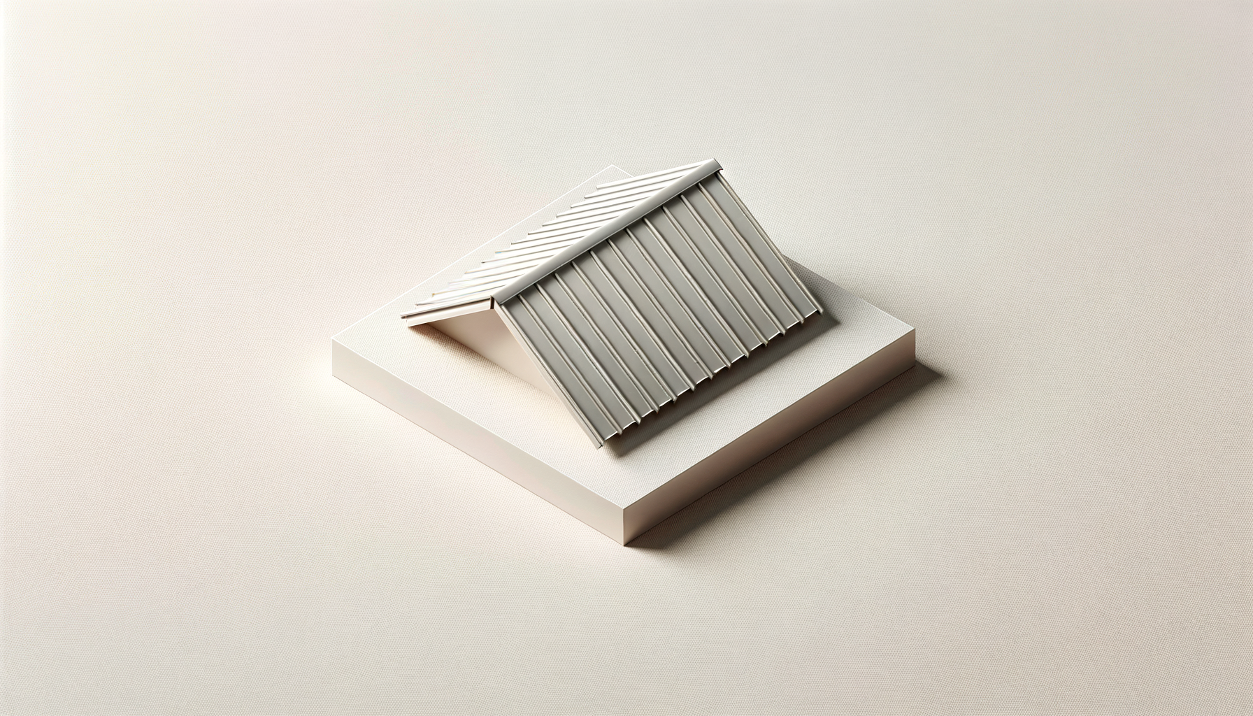 A metallic roof model with a gable design, placed on a white platform against a light beige background.
