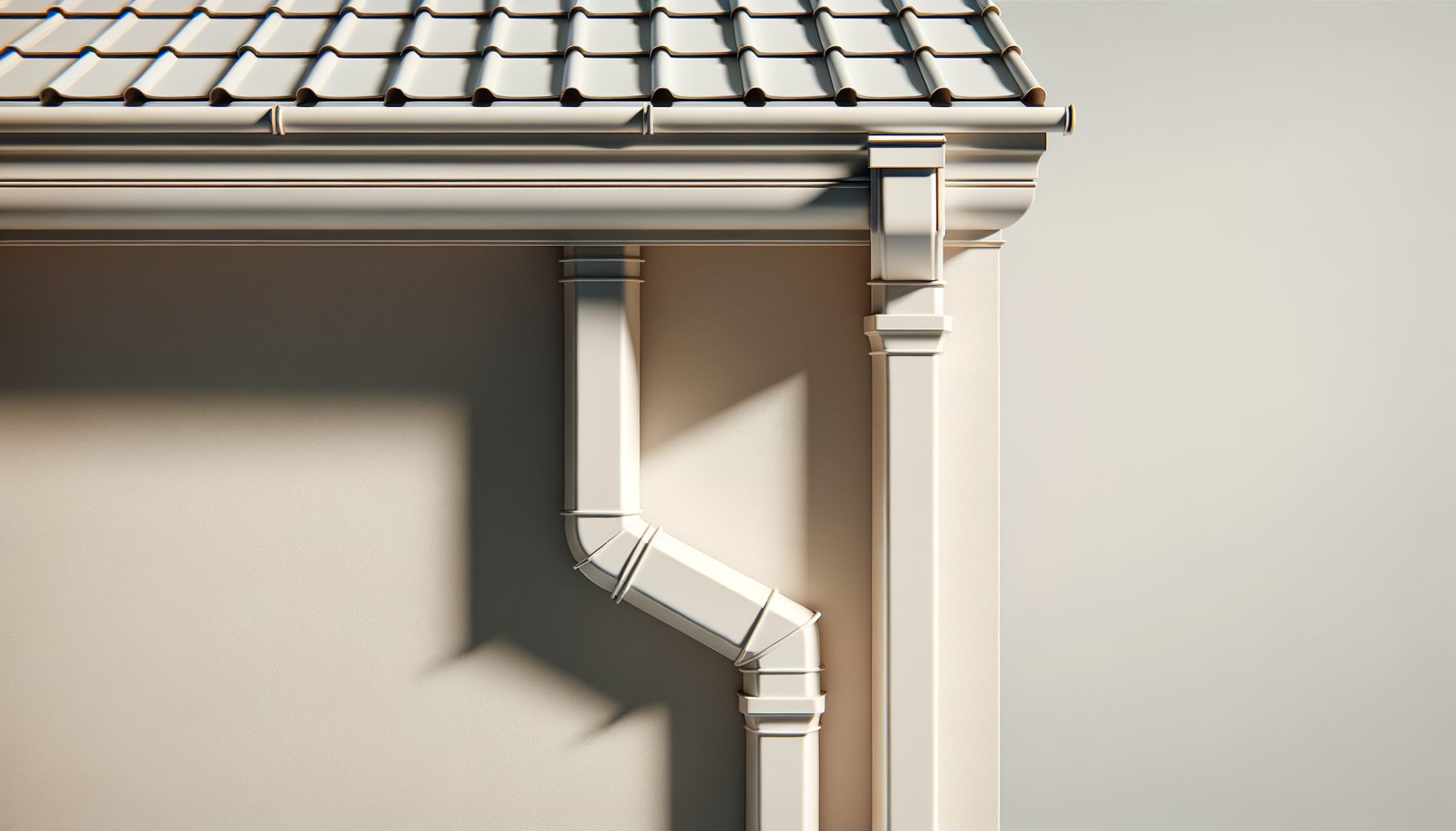 Close-up of a section of a house corner showing a tiled roof, gutters, and downspouts against a beige wall.