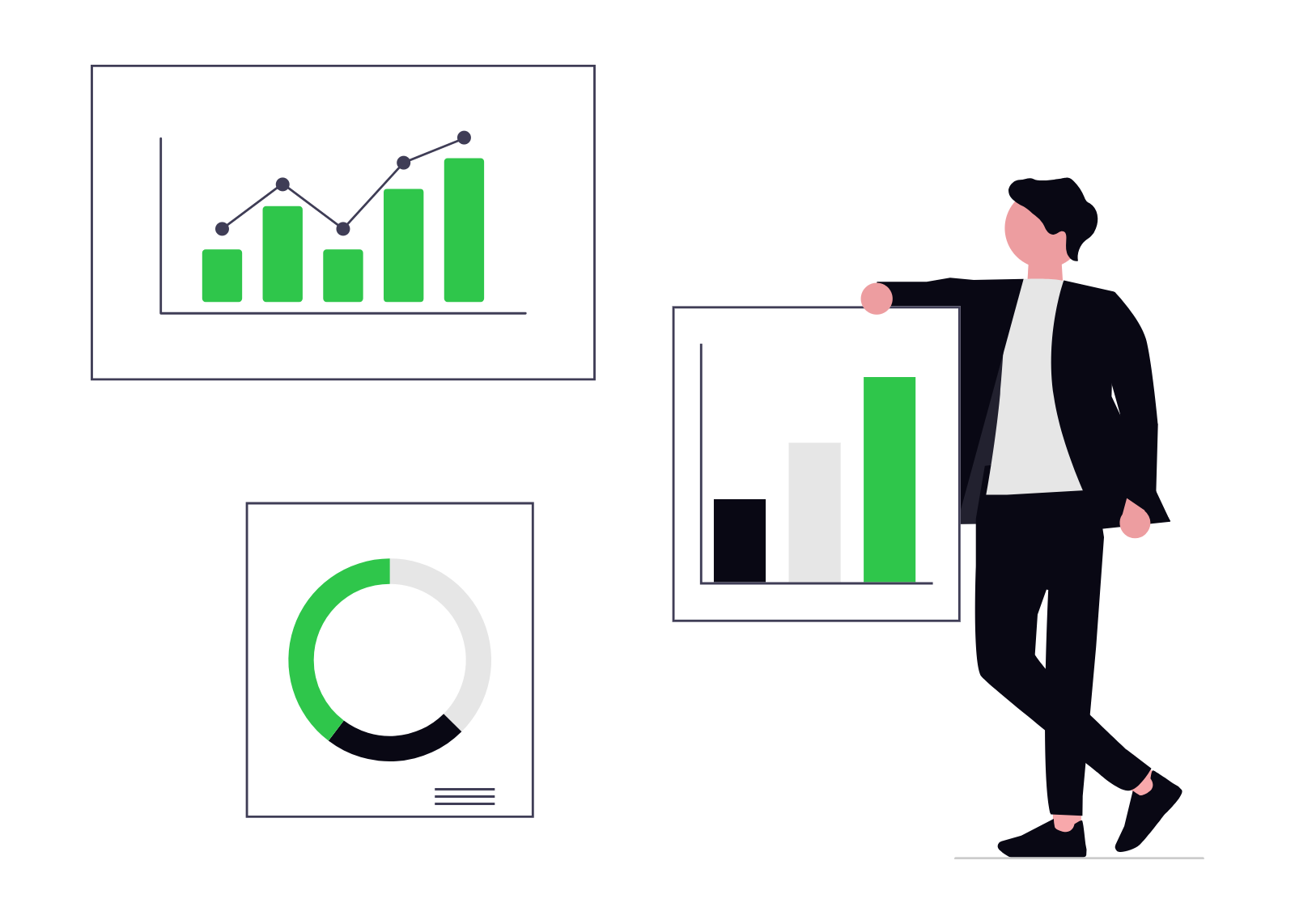 Illustration of a person in black suit looking at various data charts, including a line graph, bar graph, and pie chart, all with green and black elements.