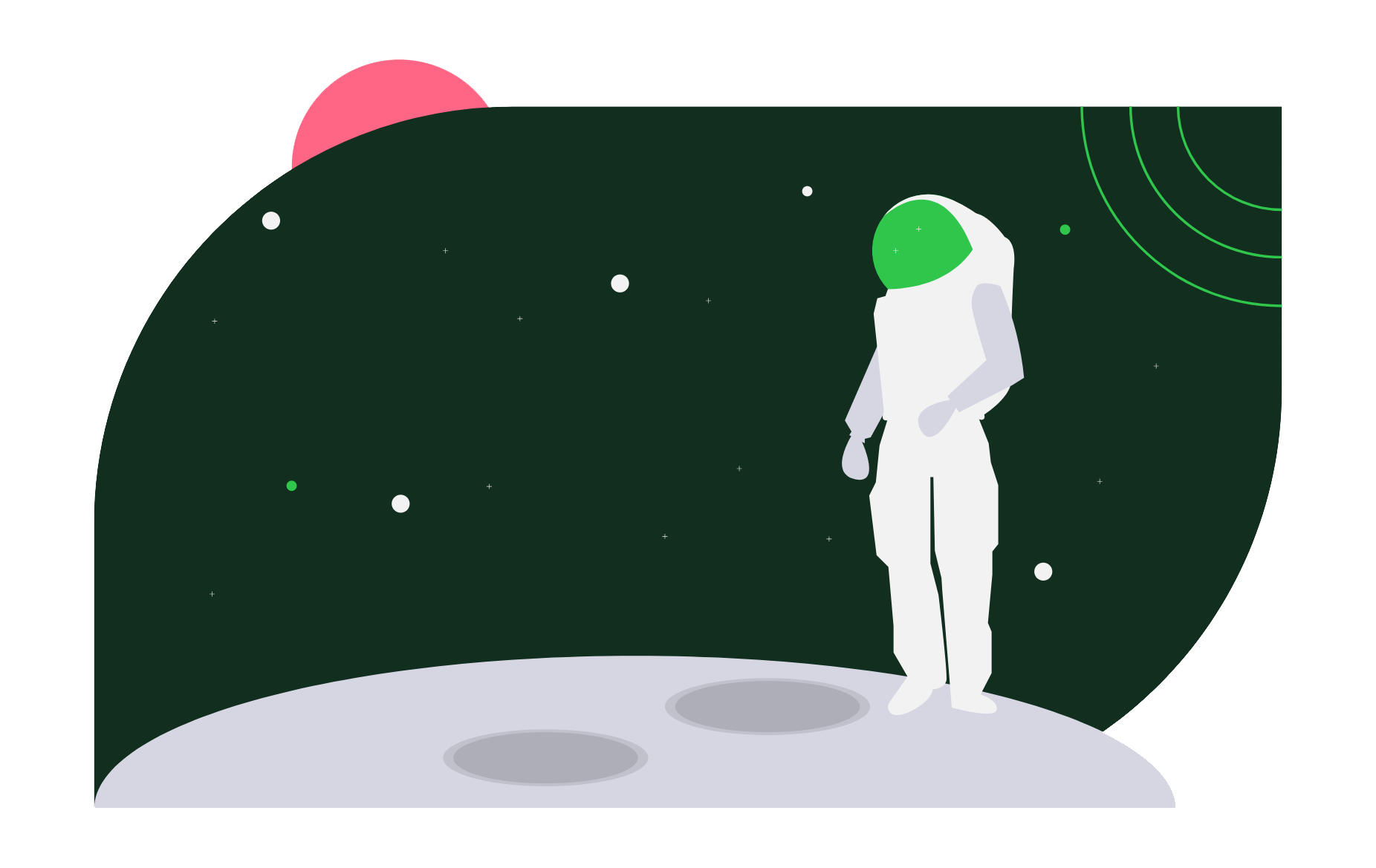 An astronaut standing on the moon's surface with Earth visible in the background through a large window or viewport, surrounded by stars.