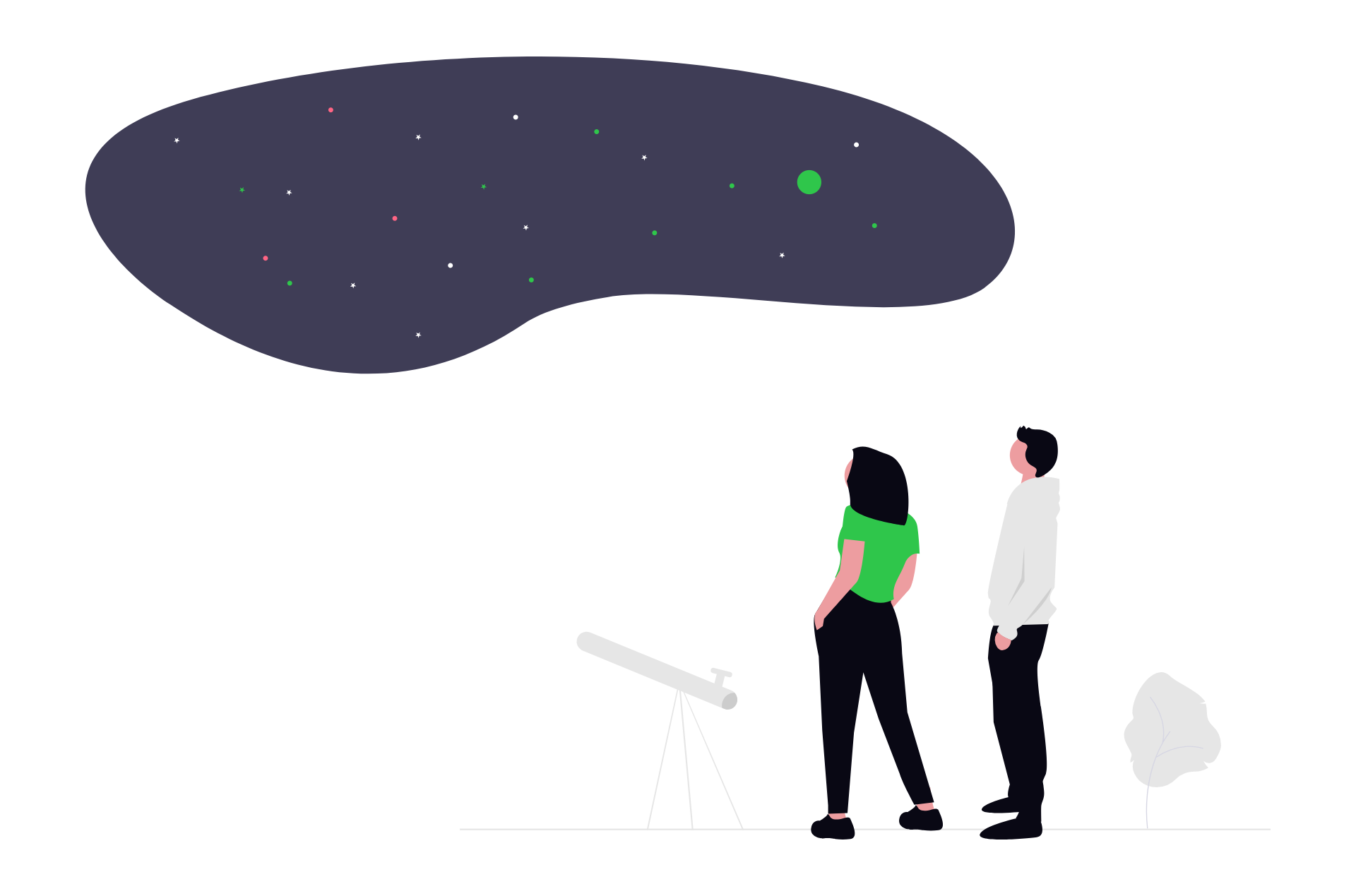 Two people stand inside an observatory, looking up at a projected star map or constellation on the ceiling.