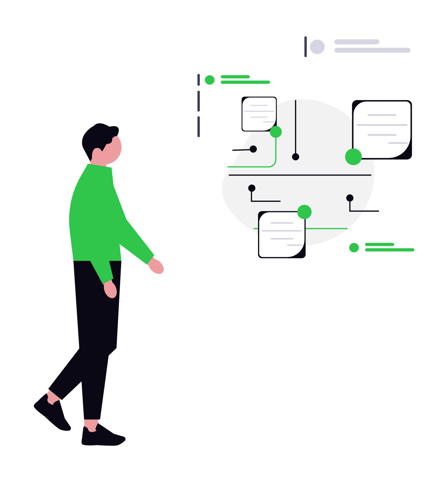 Person in a green top and black pants observing a digital flowchart or network diagram on a white background.