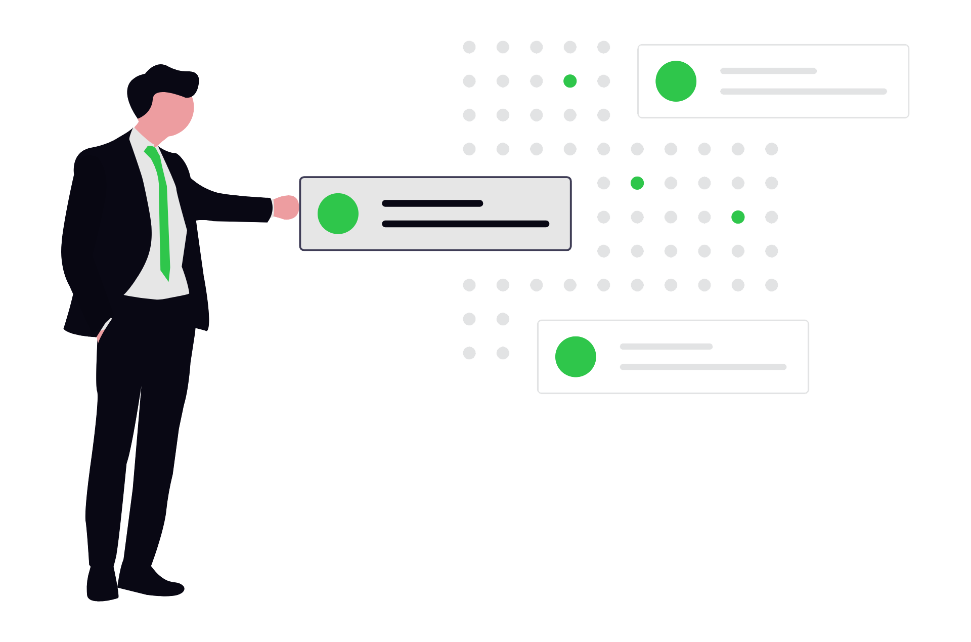 Businessman in suit interacts with digital data visualization featuring green circles and white dots.