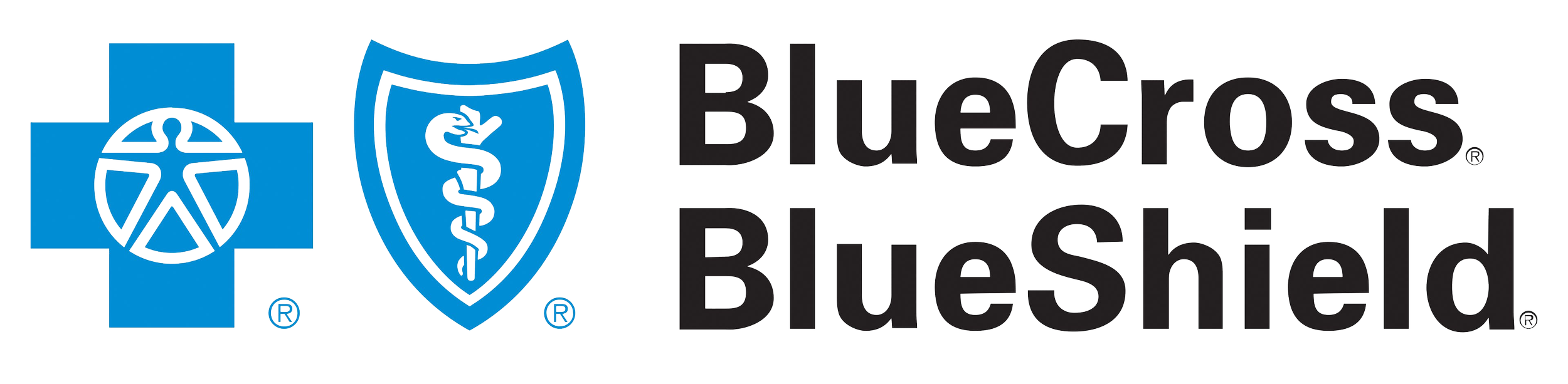 Blue Cross Blue Shield logo with a blue shield with a staff and snake symbol, and a blue cross with a similar snake symbol inside, accompanied by the text 'BlueCross Blueshield' in black and white.