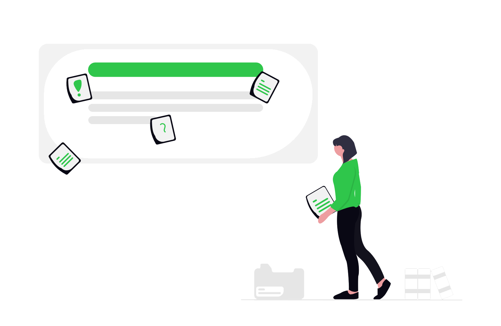 A woman holding a document stands next to a file box, with some additional folders nearby. There is a large digital screen displaying text with various icons of documents and question marks around it.