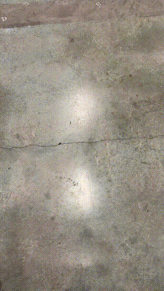 Concrete floor with light reflections and a small crack.