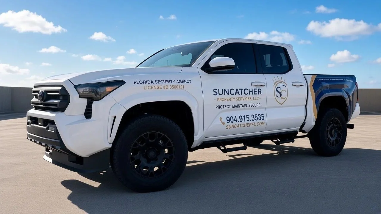 Suncatcher Property Services marked patrol truck, showing the company wrap, Florida Security Agency license number, and phone number
