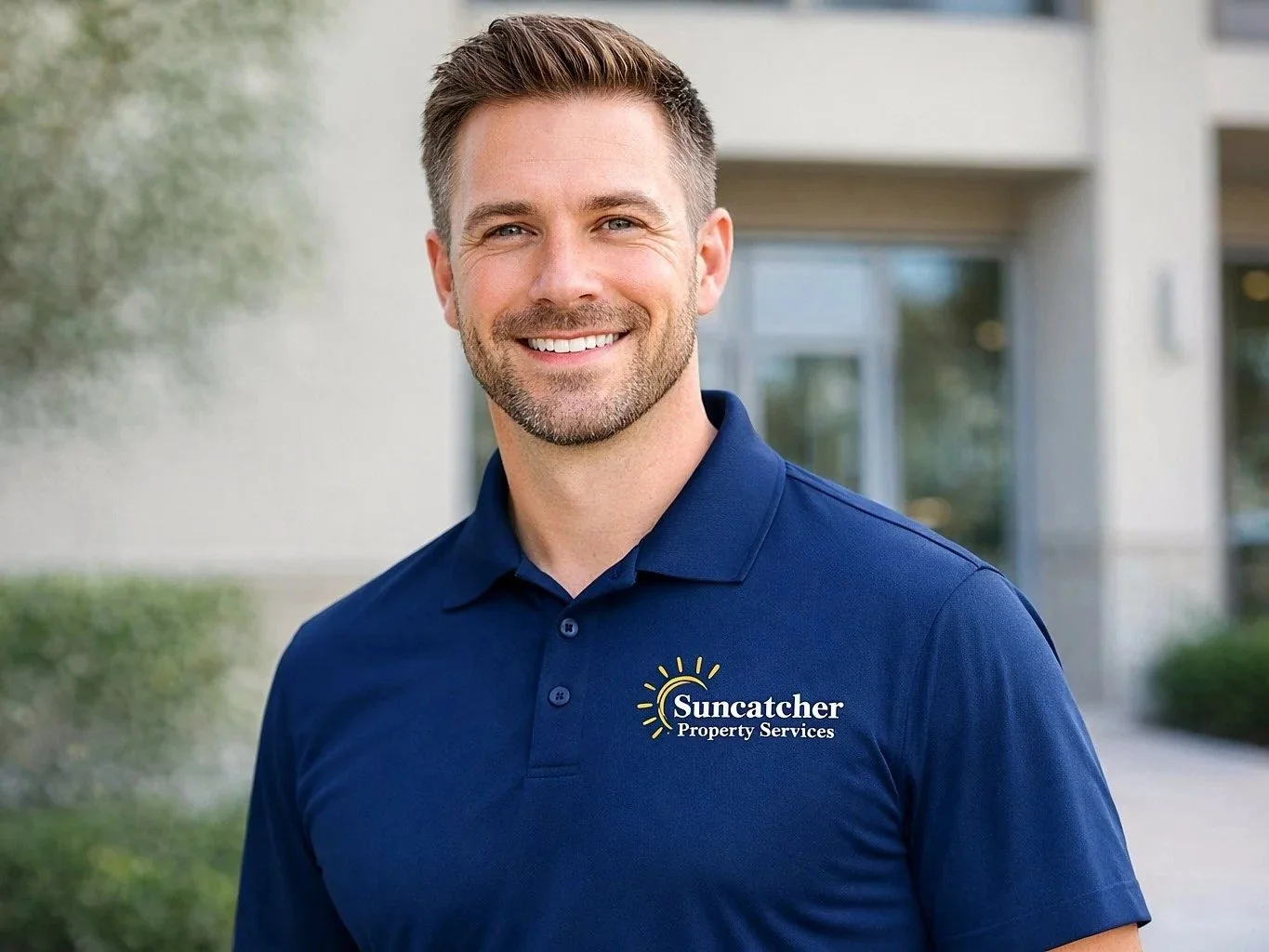 Suncatcher officer in the navy Suncatcher Property Services polo uniform