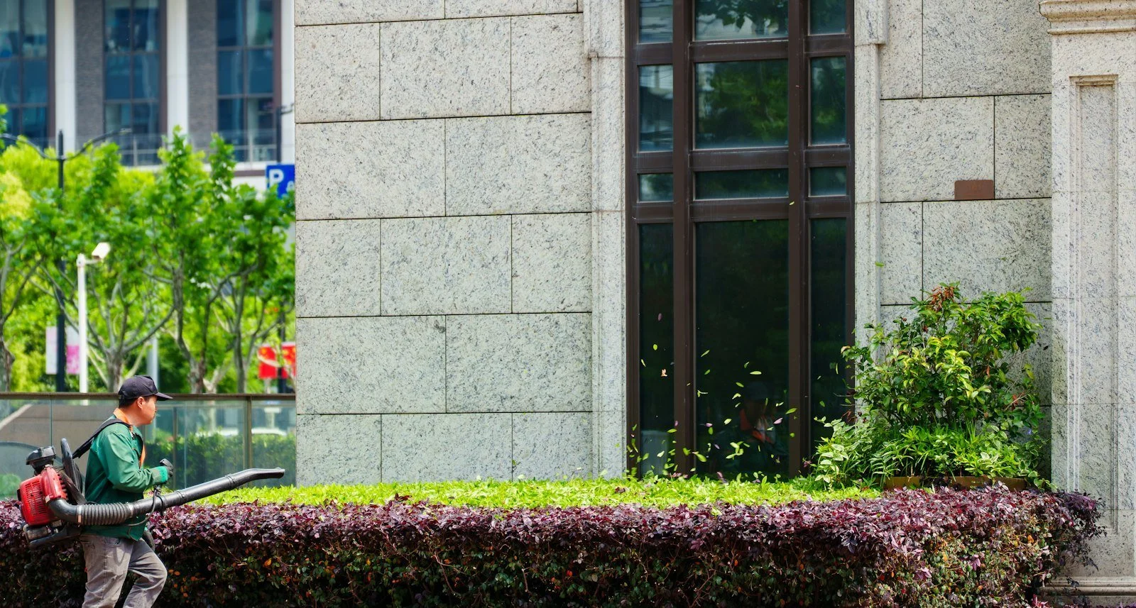 Suncatcher grounds crew member clearing hedges outside a commercial building