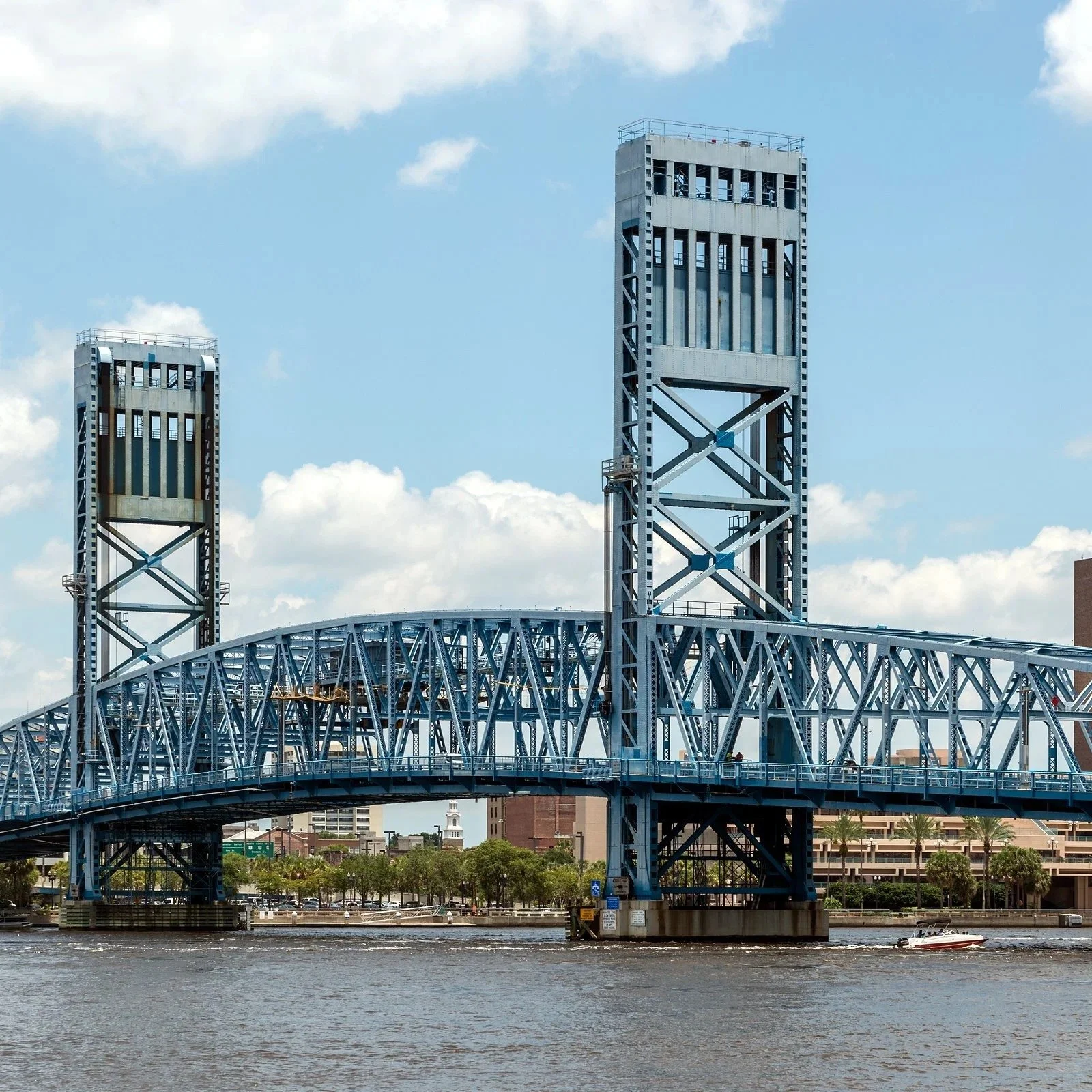 The blue Main Street Bridge (John T. Alsop Jr. Bridge) over the St. Johns River in downtown Jacksonville