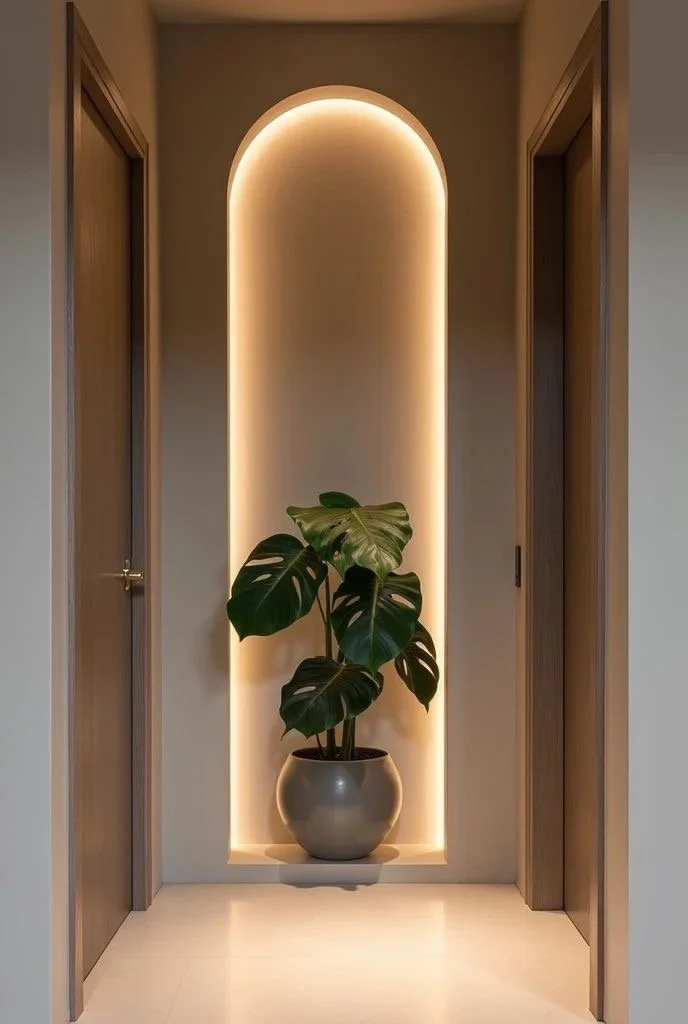 A potted Monstera plant with large, split green leaves in a beige pot, placed in a built-in niche with soft backlighting between two wooden doors in a modern interior.