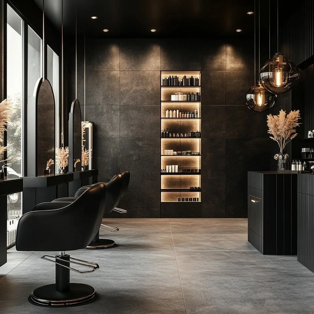 Modern hair salon interior with black chairs, large windows, and store shelves with beauty products.