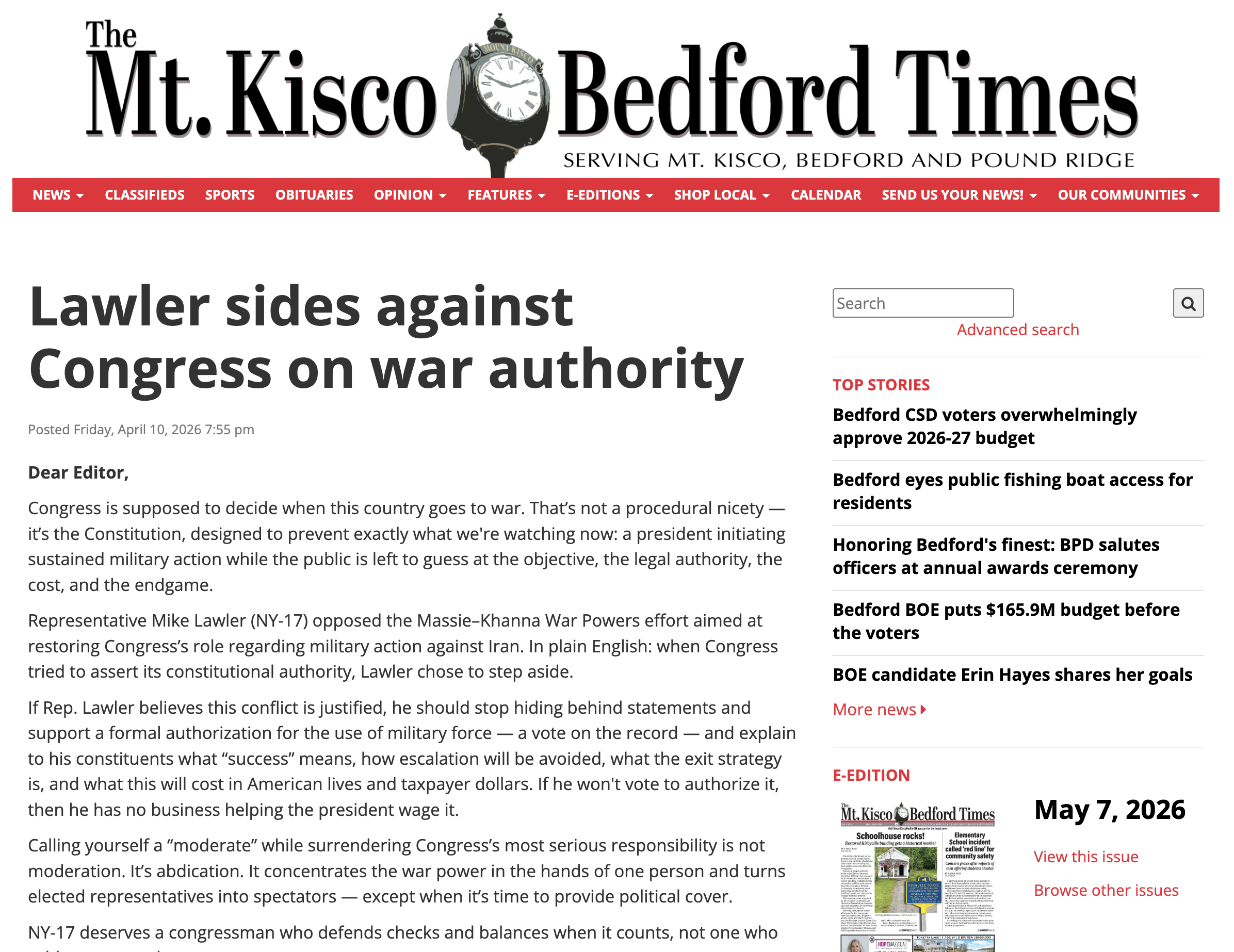Lawler sides against Congress on war authority